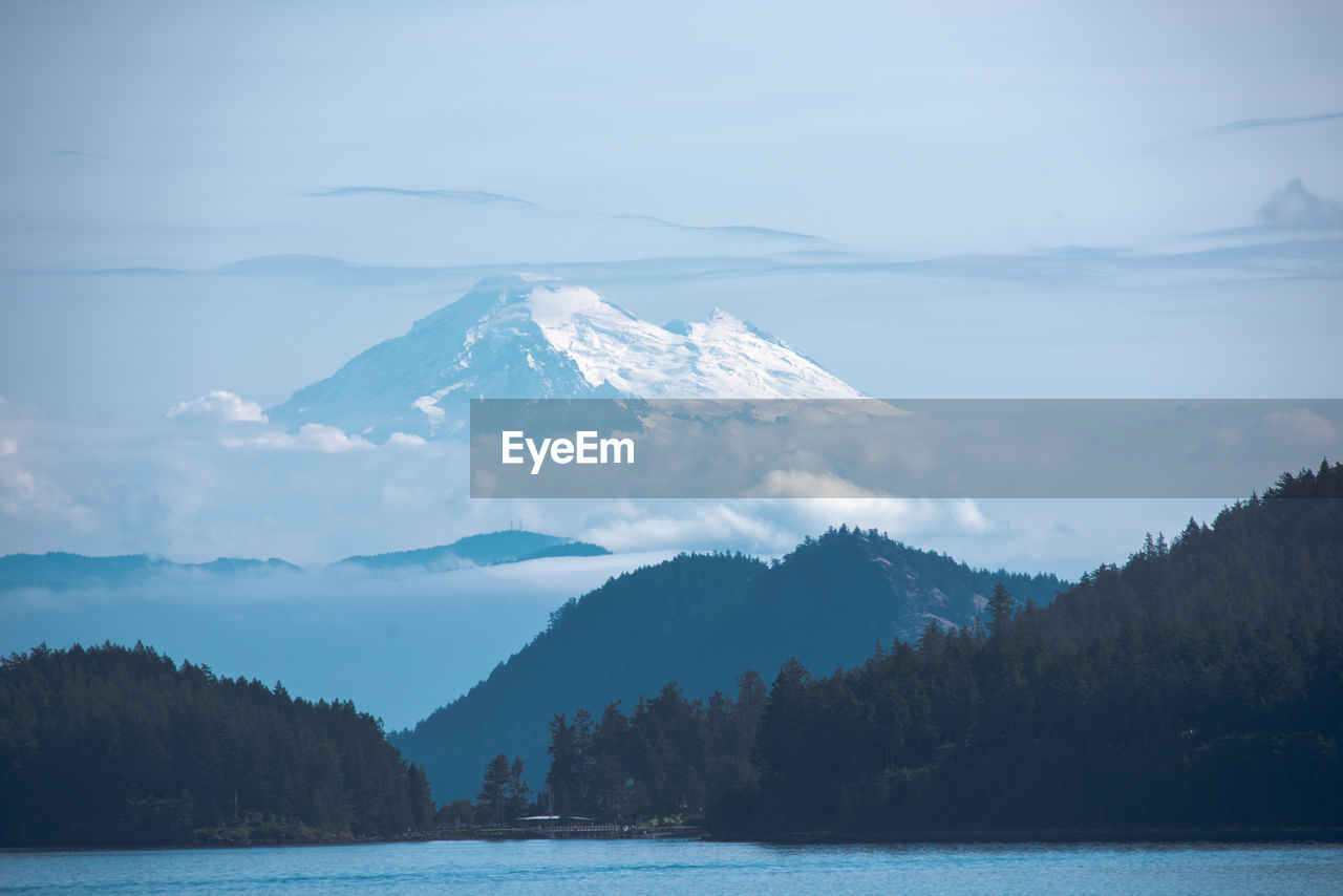 Scenic view of lake and snowcapped mountains against sky