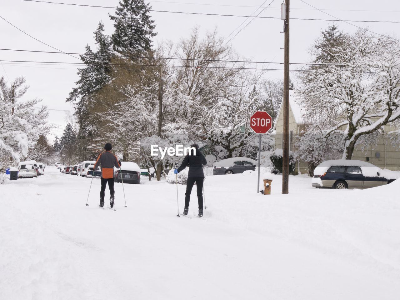 People skiing on road