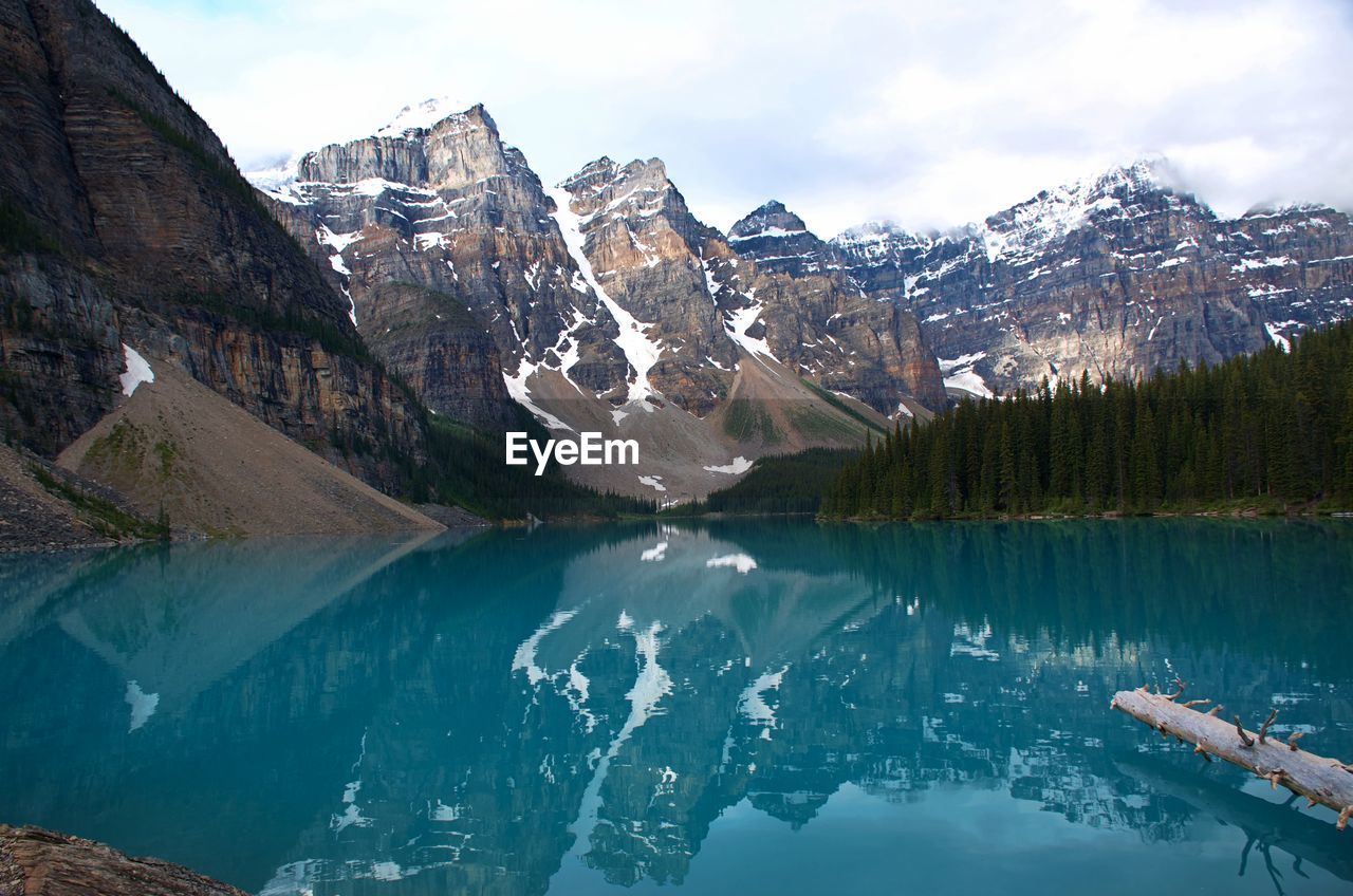 Scenic view of lake and snowcapped mountains against sky