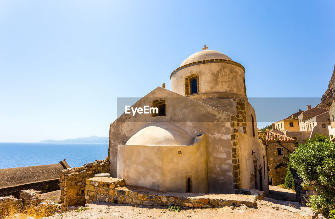 Byzantine church against clear sky in monemvasia, greece
