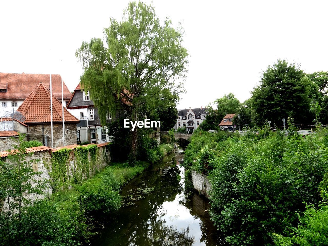 Stream amidst plants by houses against clear sky