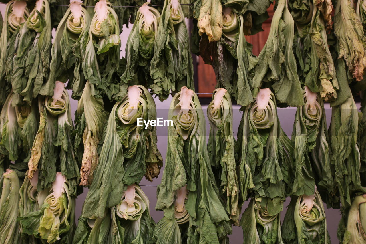 Bok choys hanging on string for sale at market