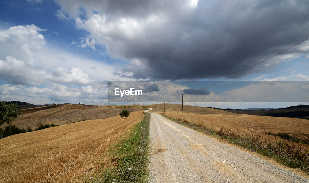 Empty road amidst field against sky