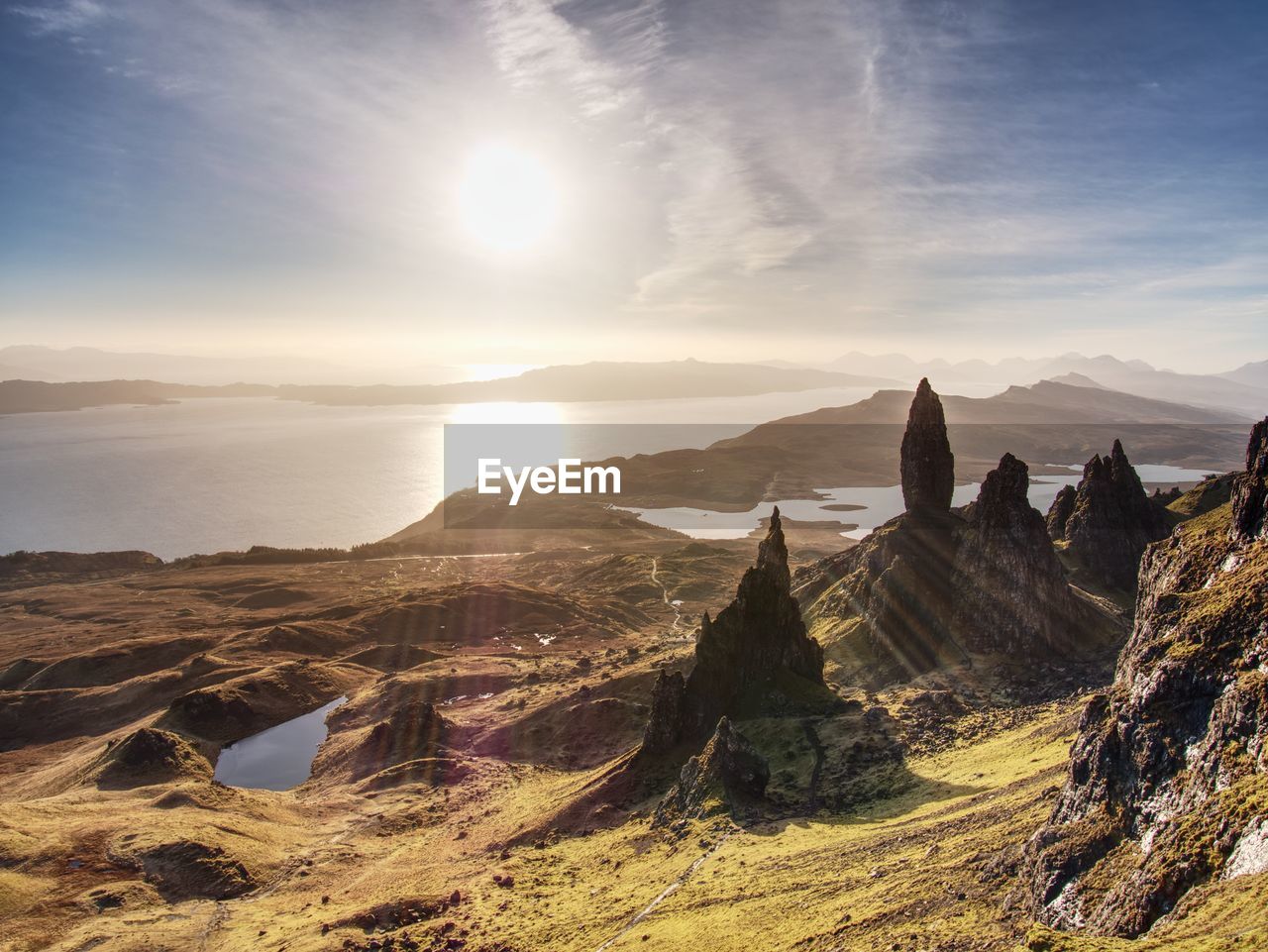 Famous view over old man of storr in scotland. popular exposed rocky tower.