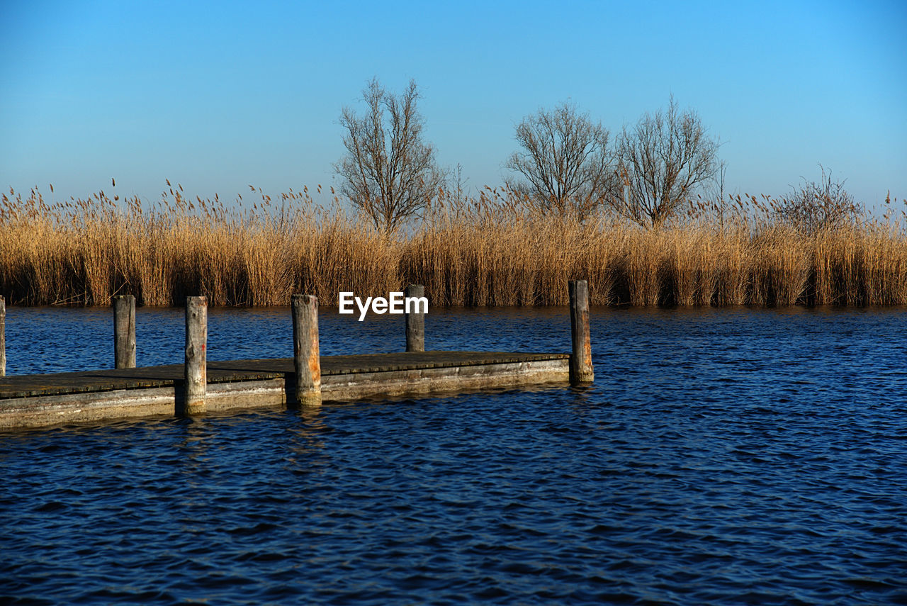 Scenic view of calm lake against clear sky