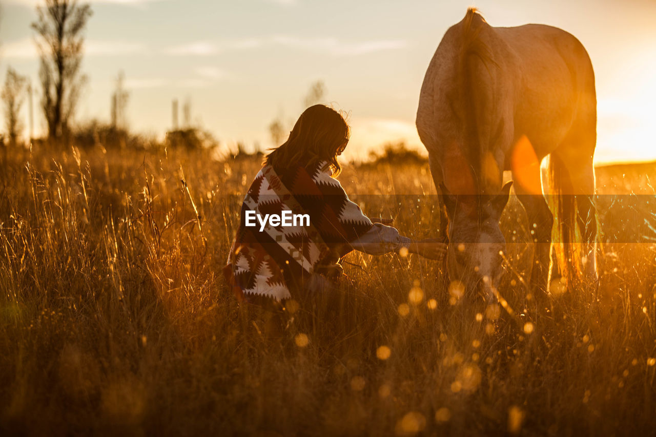 WOMAN ON FIELD AT SUNSET