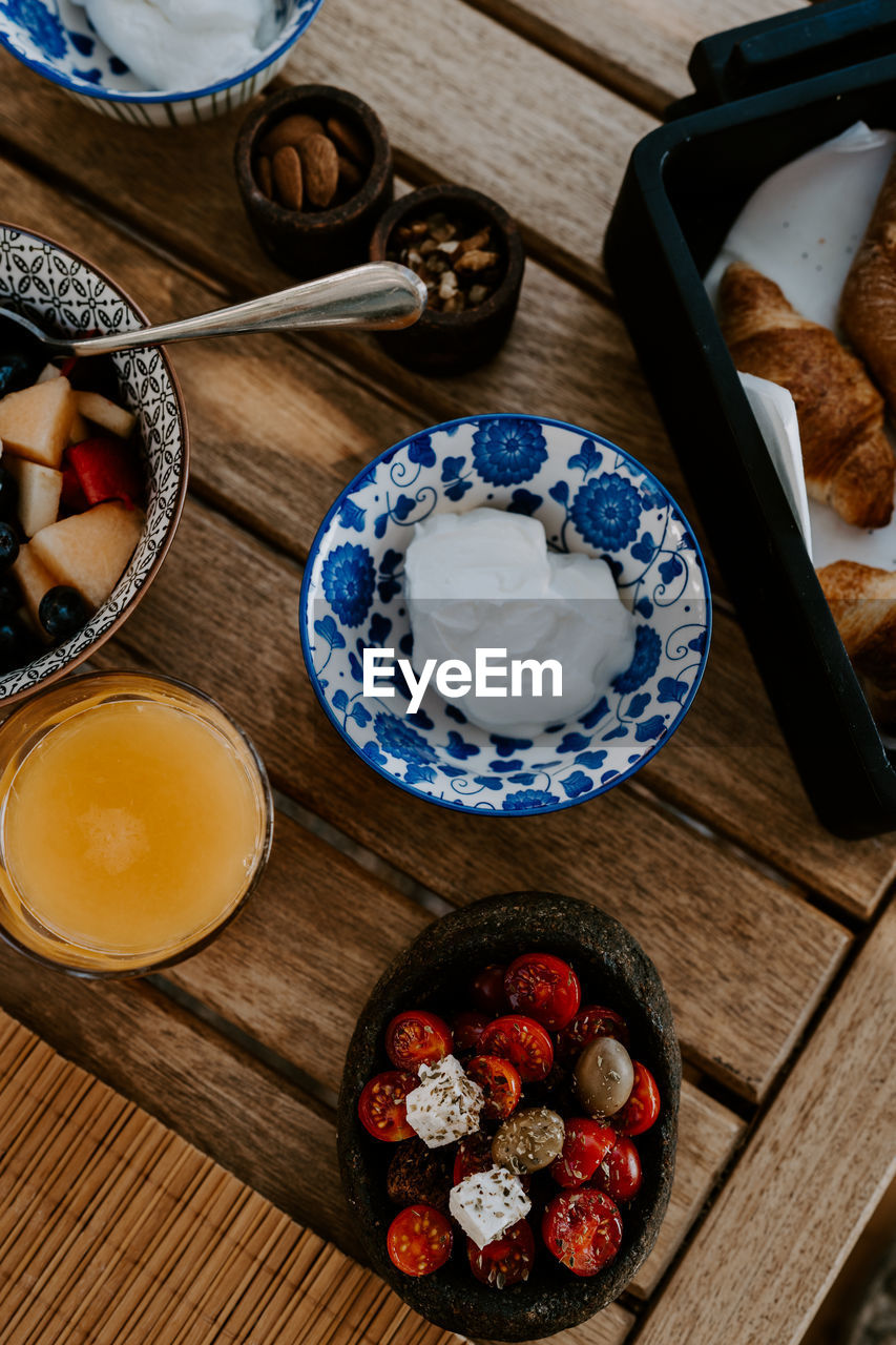 high angle view of food in bowls on table