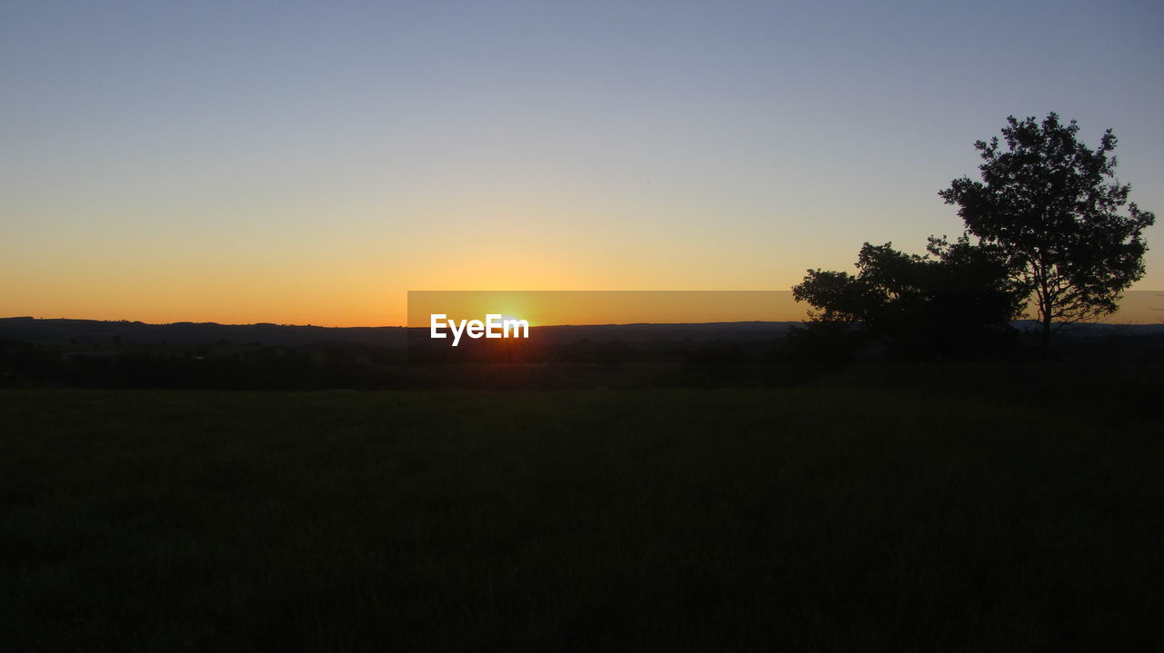 SCENIC VIEW OF FIELD AGAINST CLEAR SKY AT SUNSET