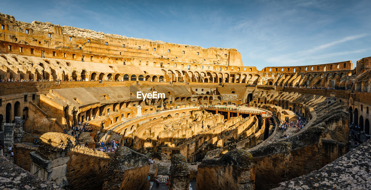 High angle view of coliseum against sky