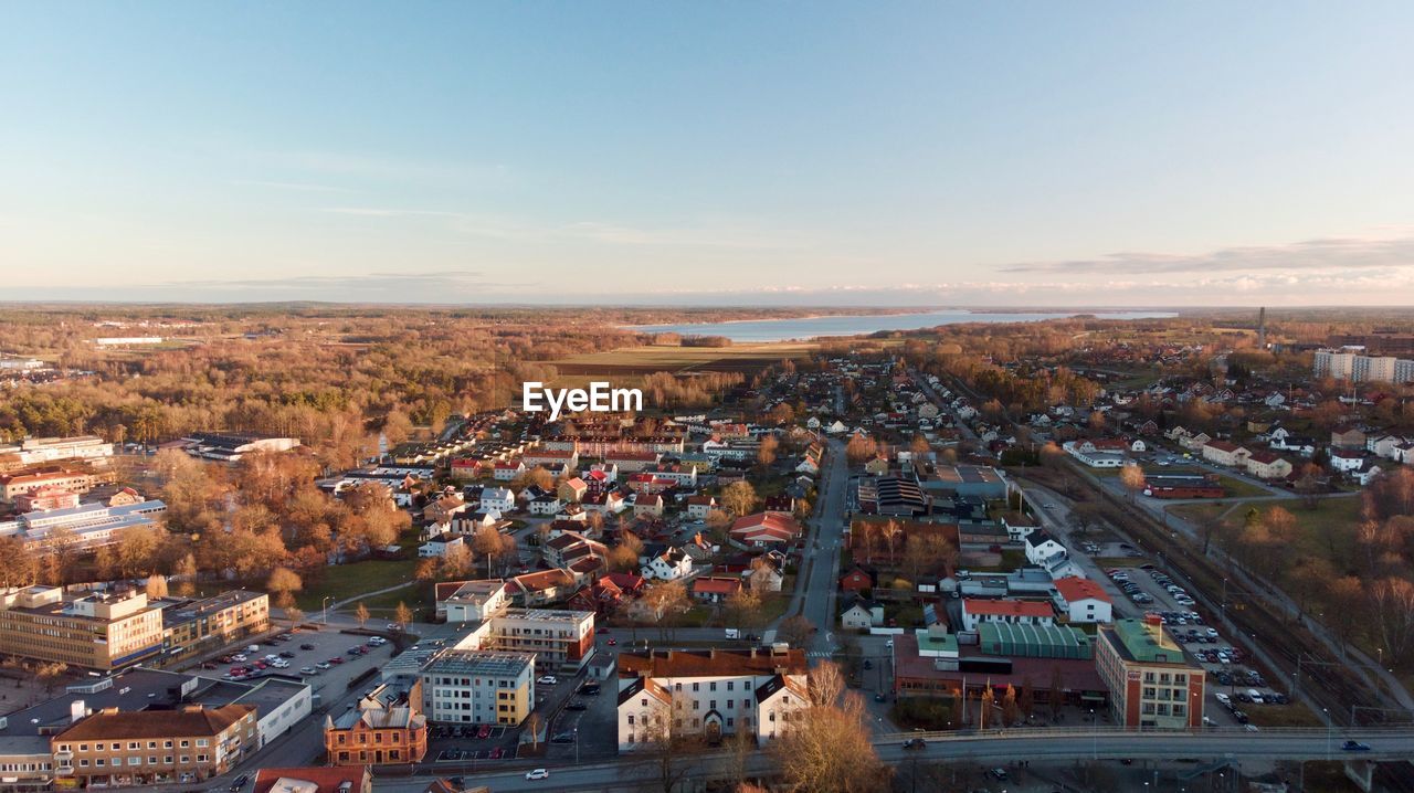 High angle shot of townscape against sky