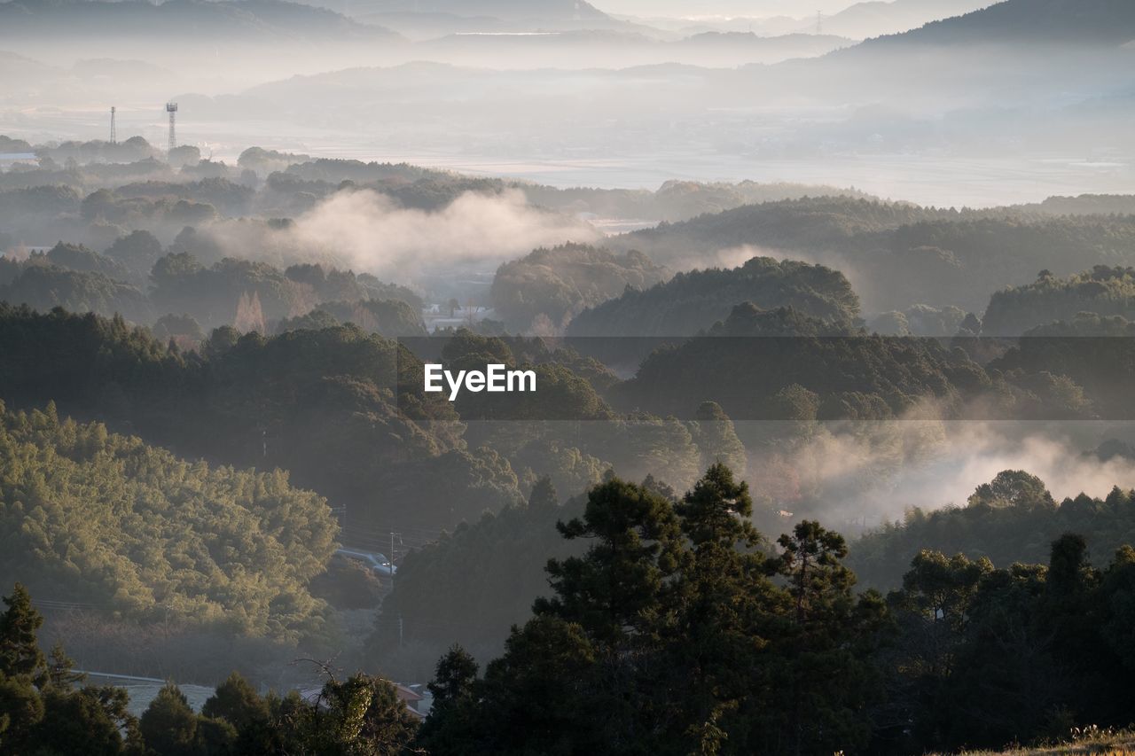 Scenic view of trees and mountains against sky