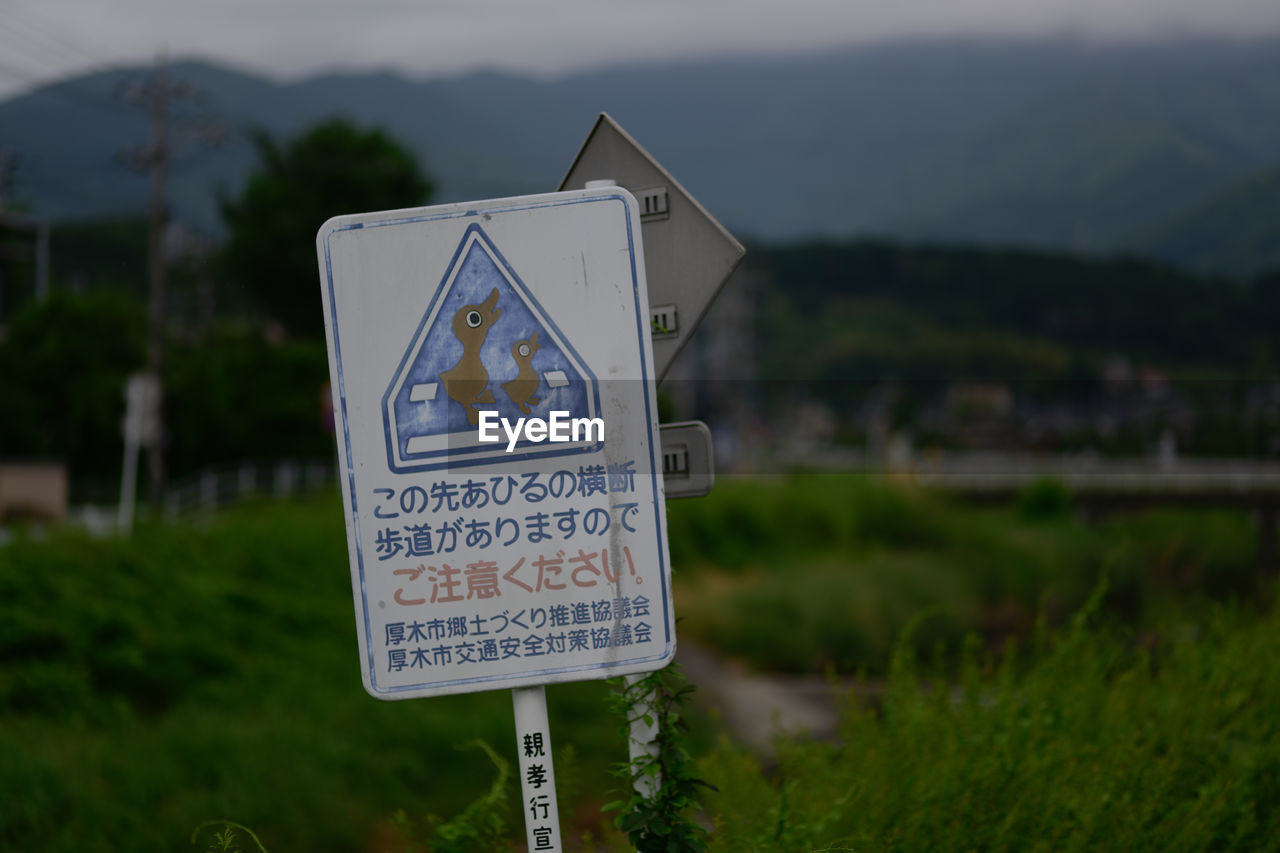 CLOSE-UP OF ROAD SIGN BY FIELD