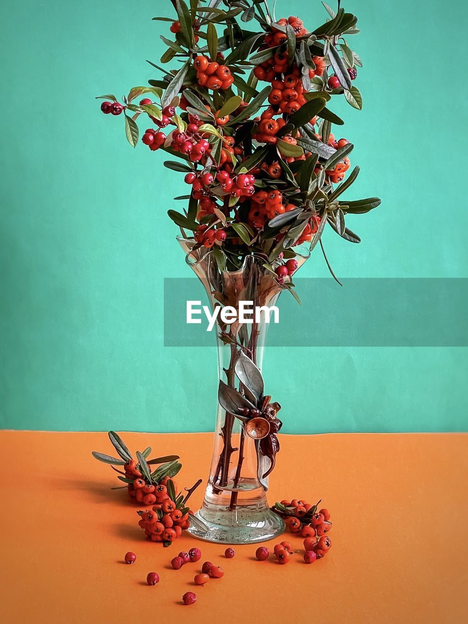 Close-up of orange rowan berry branches in vintage vase on table against wall.