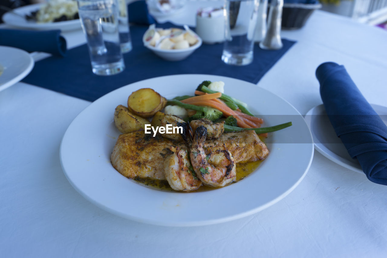 High angle view of food served on table