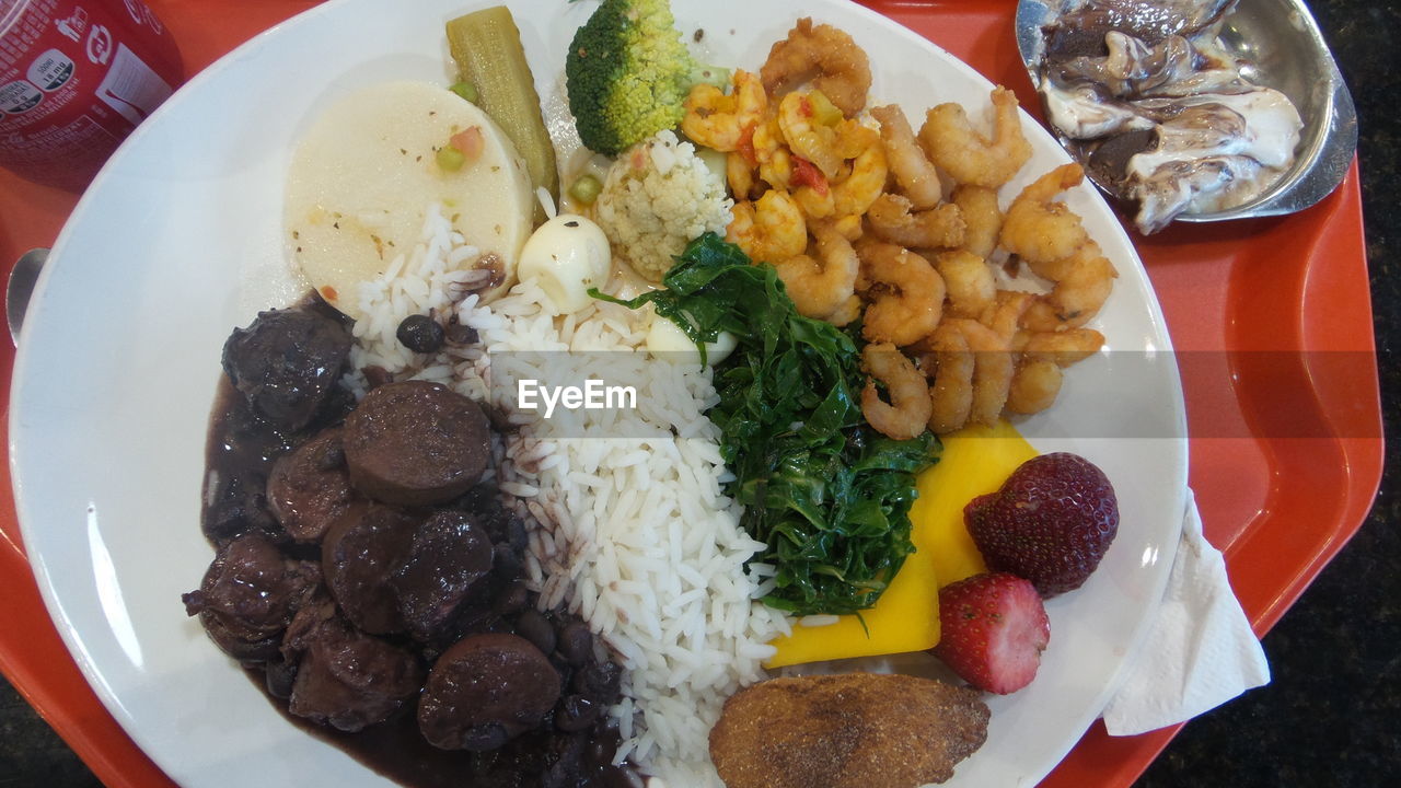 CLOSE-UP OF FOOD SERVED WITH MEAT AND PLATE