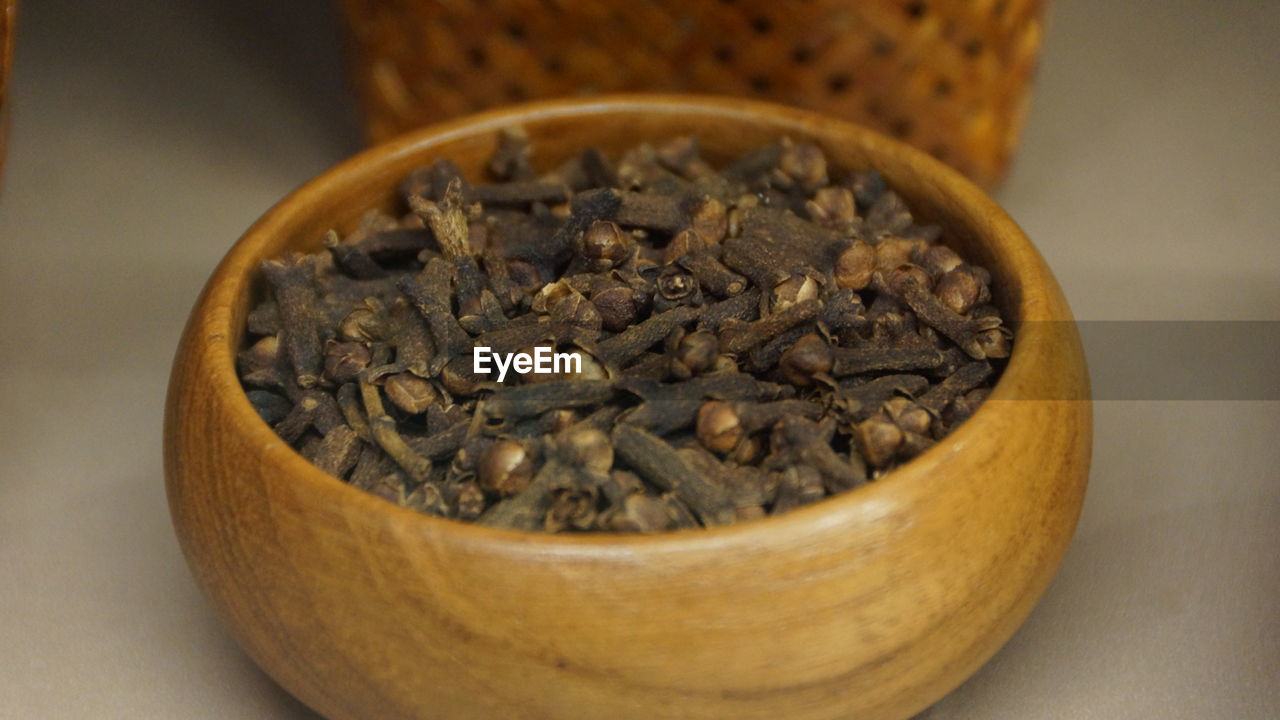 High angle view of spices in bowl on table