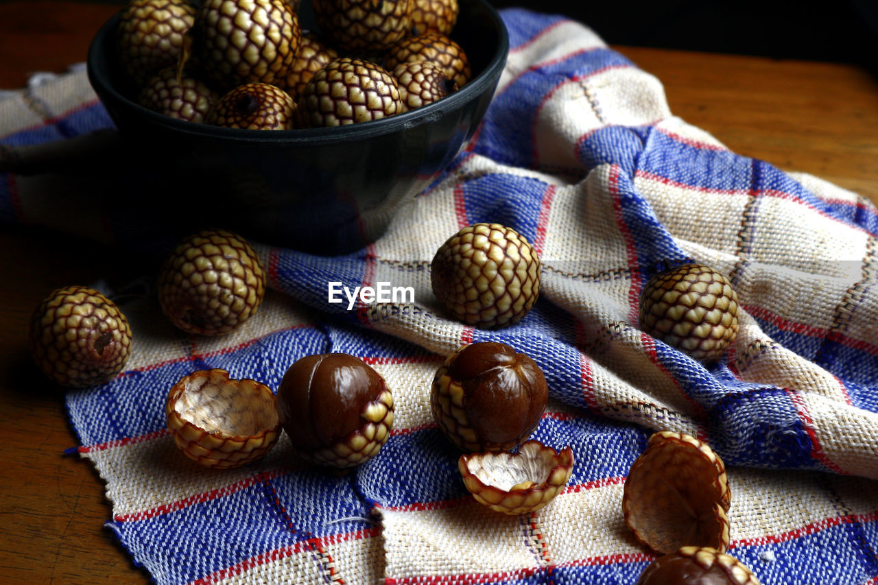 High angle view of fruits on table