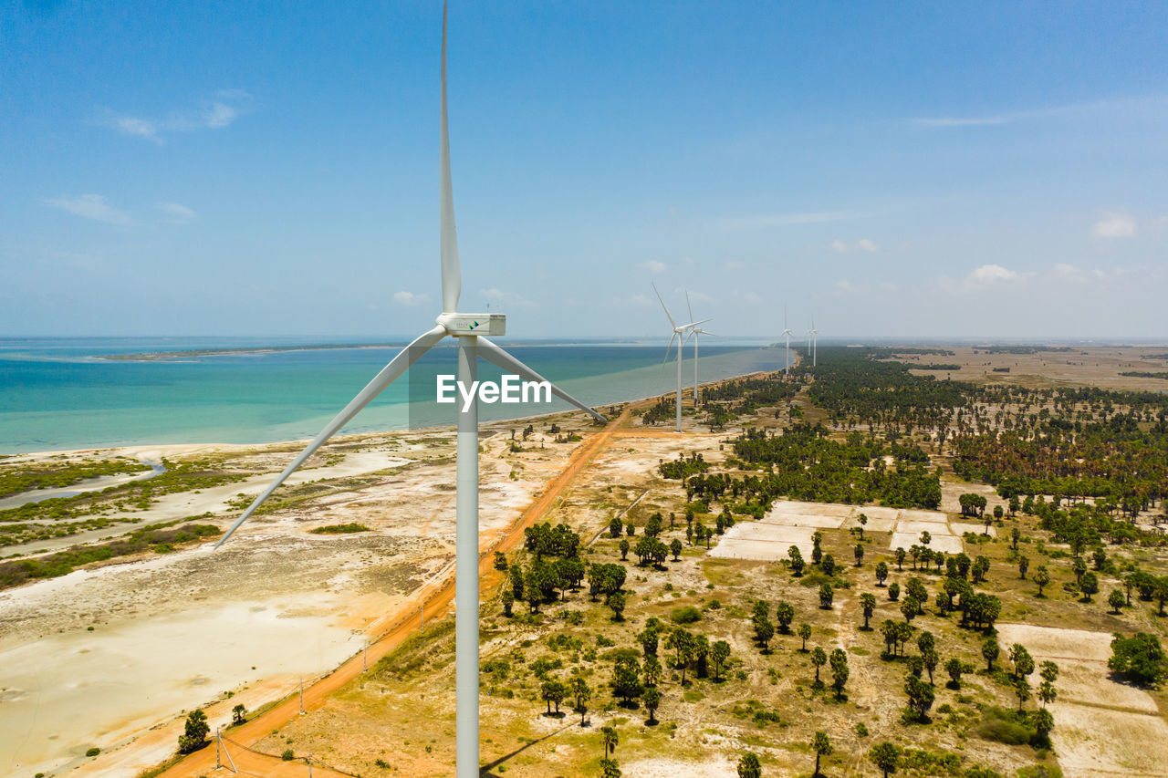 Wind turbines for electric power production on the seashore. wind power plant. jaffna, sri lanka.