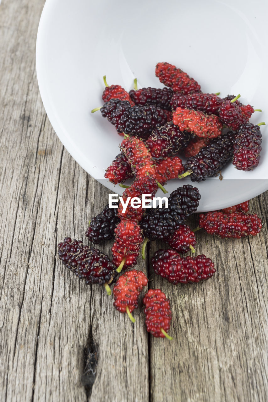 HIGH ANGLE VIEW OF RASPBERRIES ON TABLE