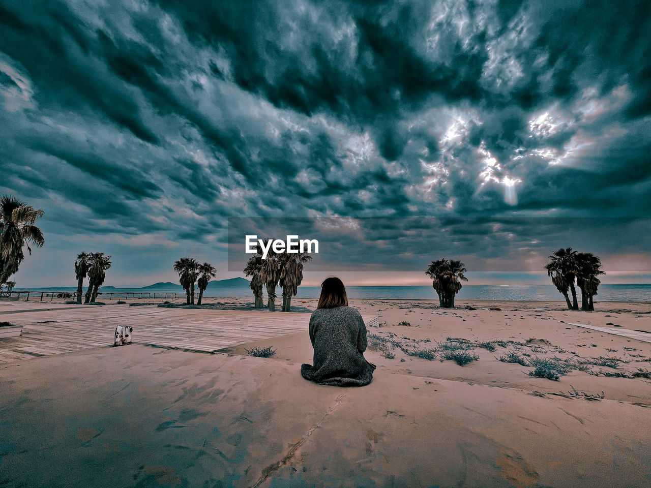 Rear view of people sitting on snow covered land