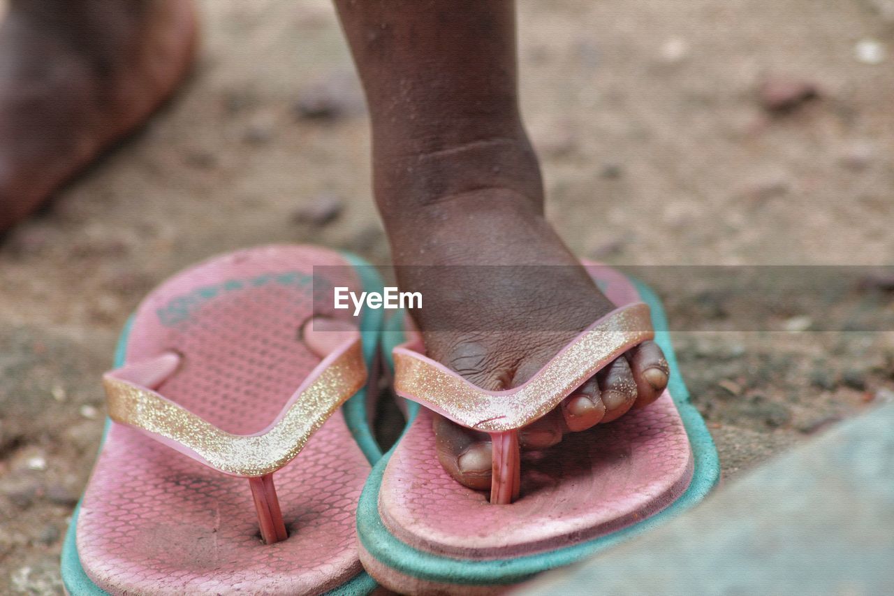 Low section of girl wearing flip-flop on land