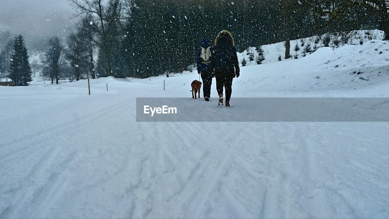 Couple on snow covered landscape