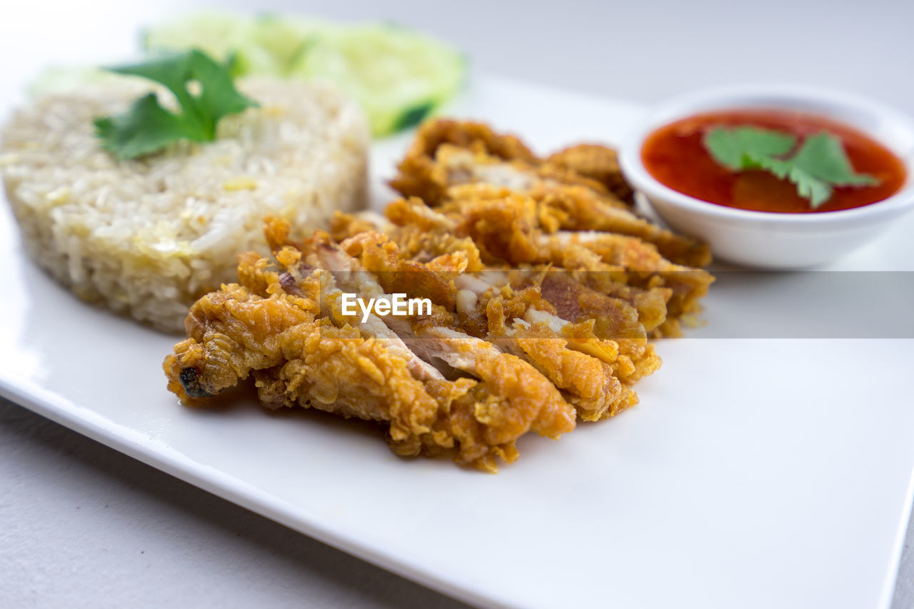 CLOSE-UP OF SERVED MEAT IN PLATE