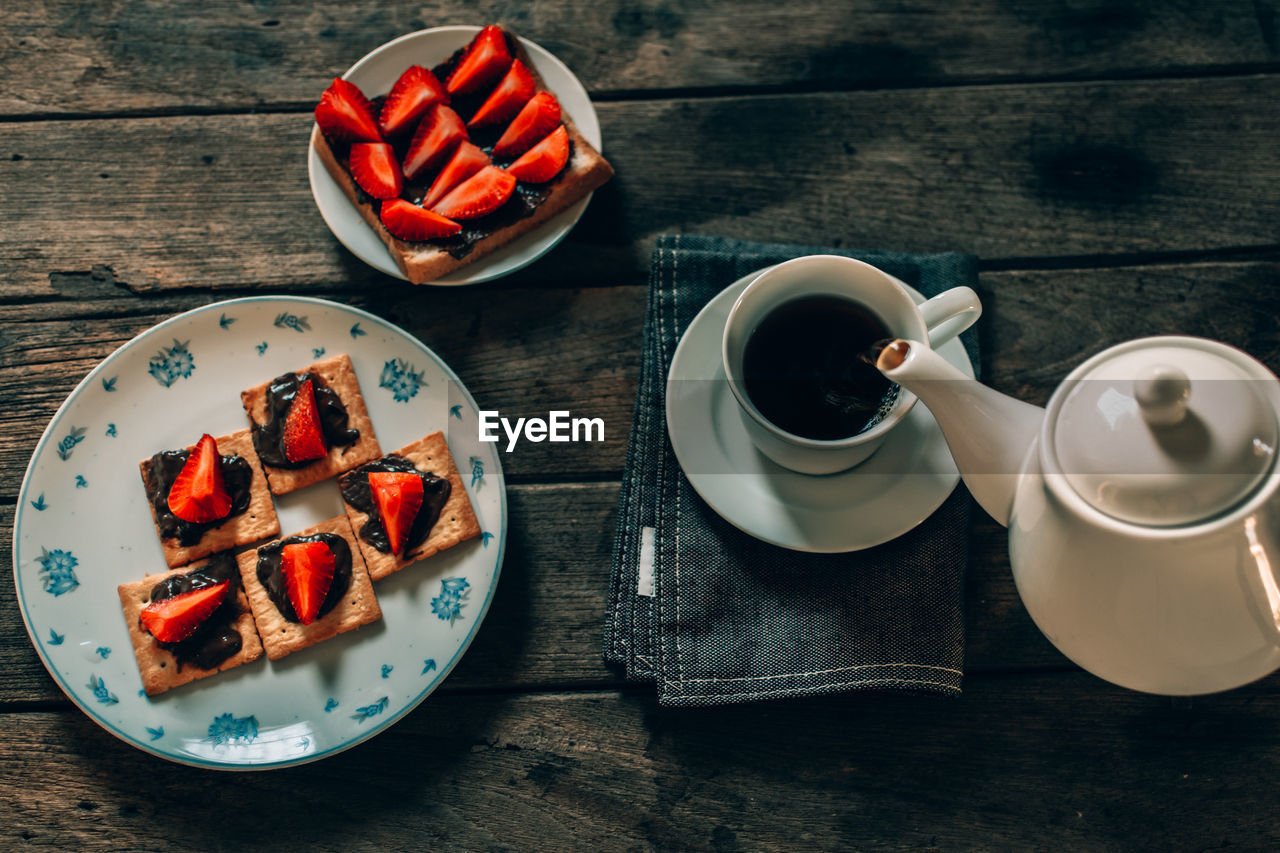 High angle view of breakfast on table