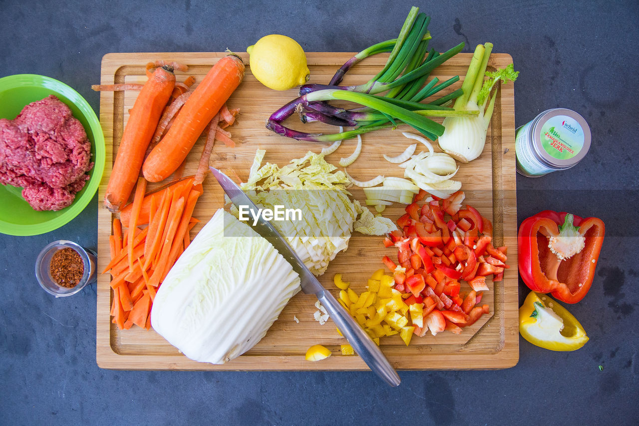 High angle view of food on cutting board