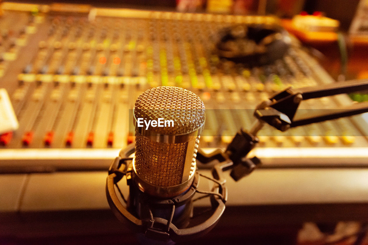 close-up of microphone on table