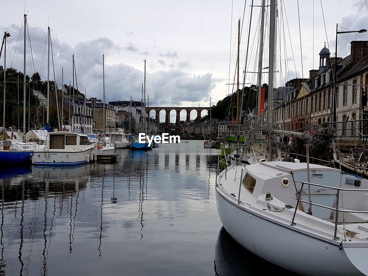 Port of morlaix with boats and the viaduct