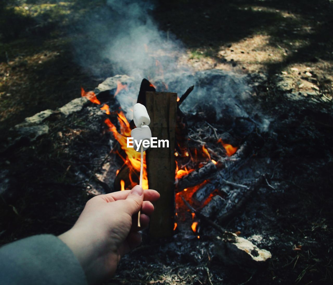 High angle view of hand holding marshmallow over bonfire