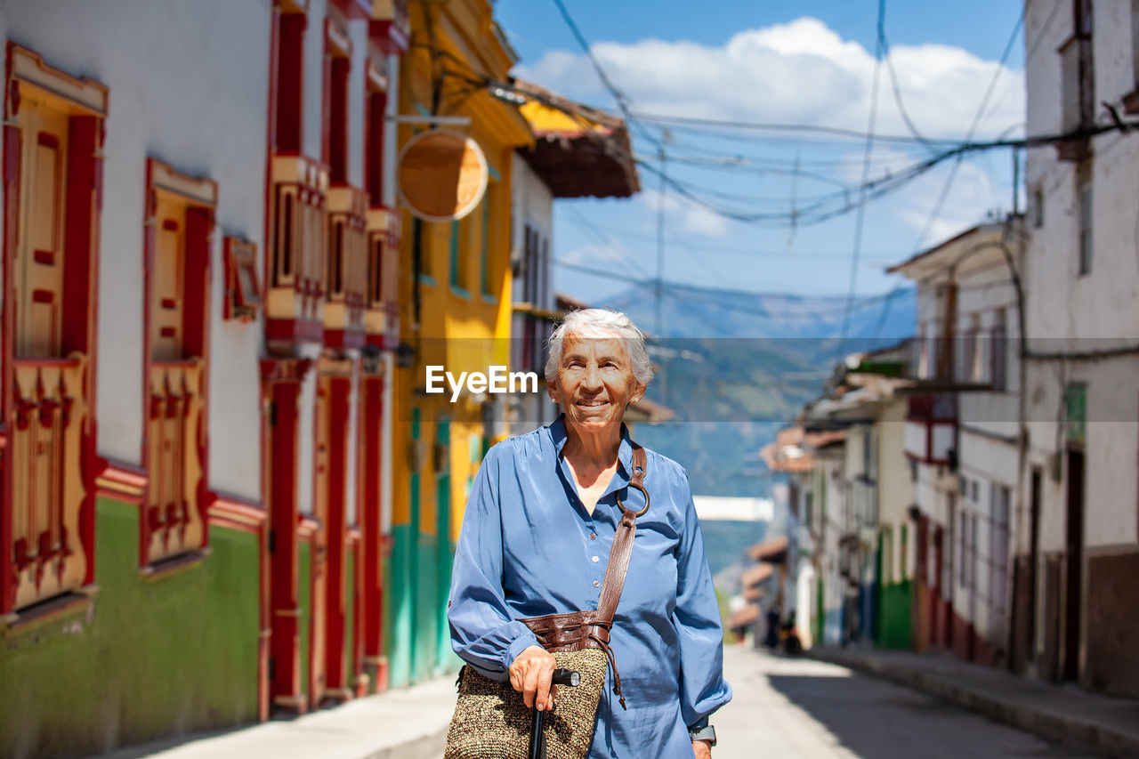 Senior woman tourist at the heritage town of salamina in the department of caldas in colombia