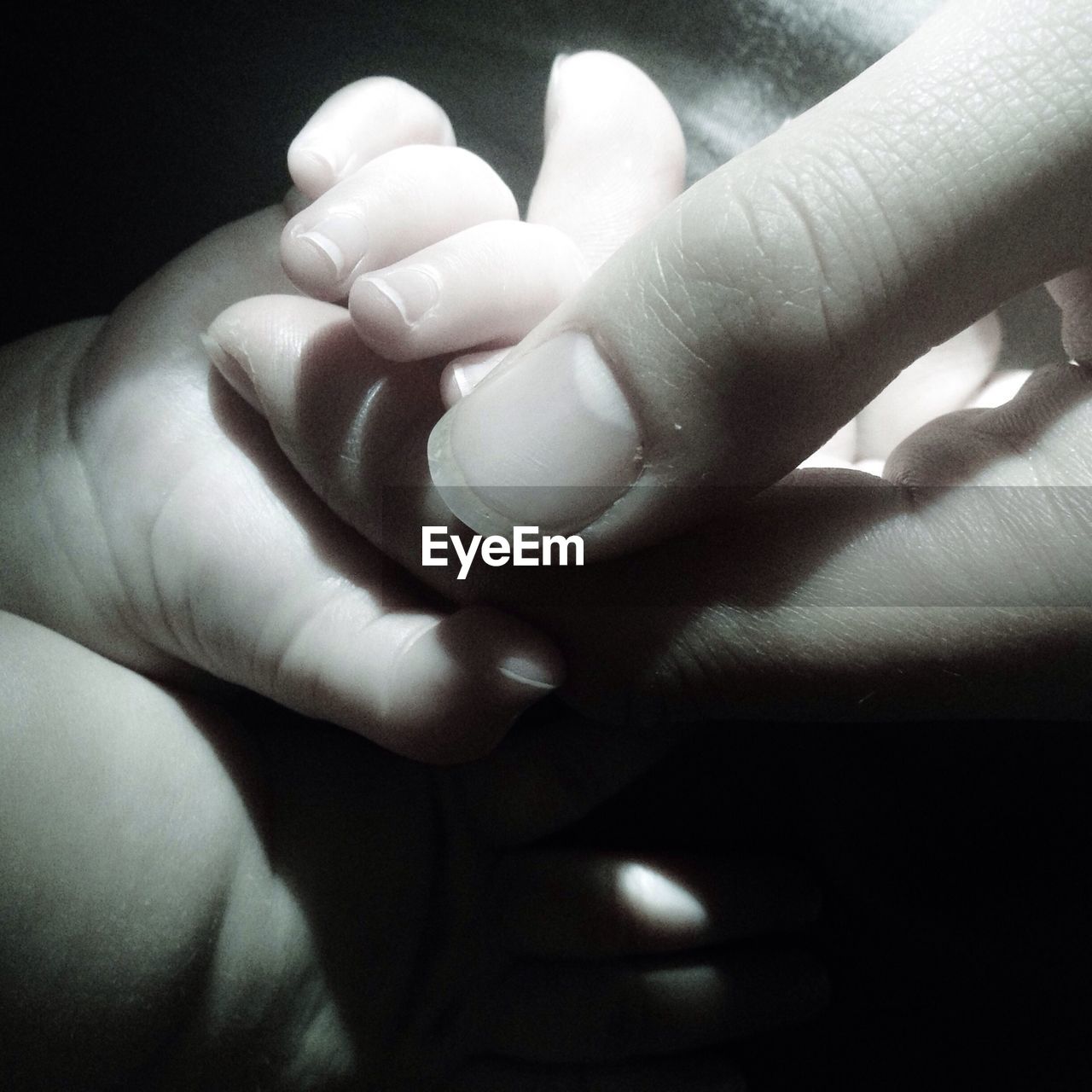 Cropped image of mother holding hands of newborn