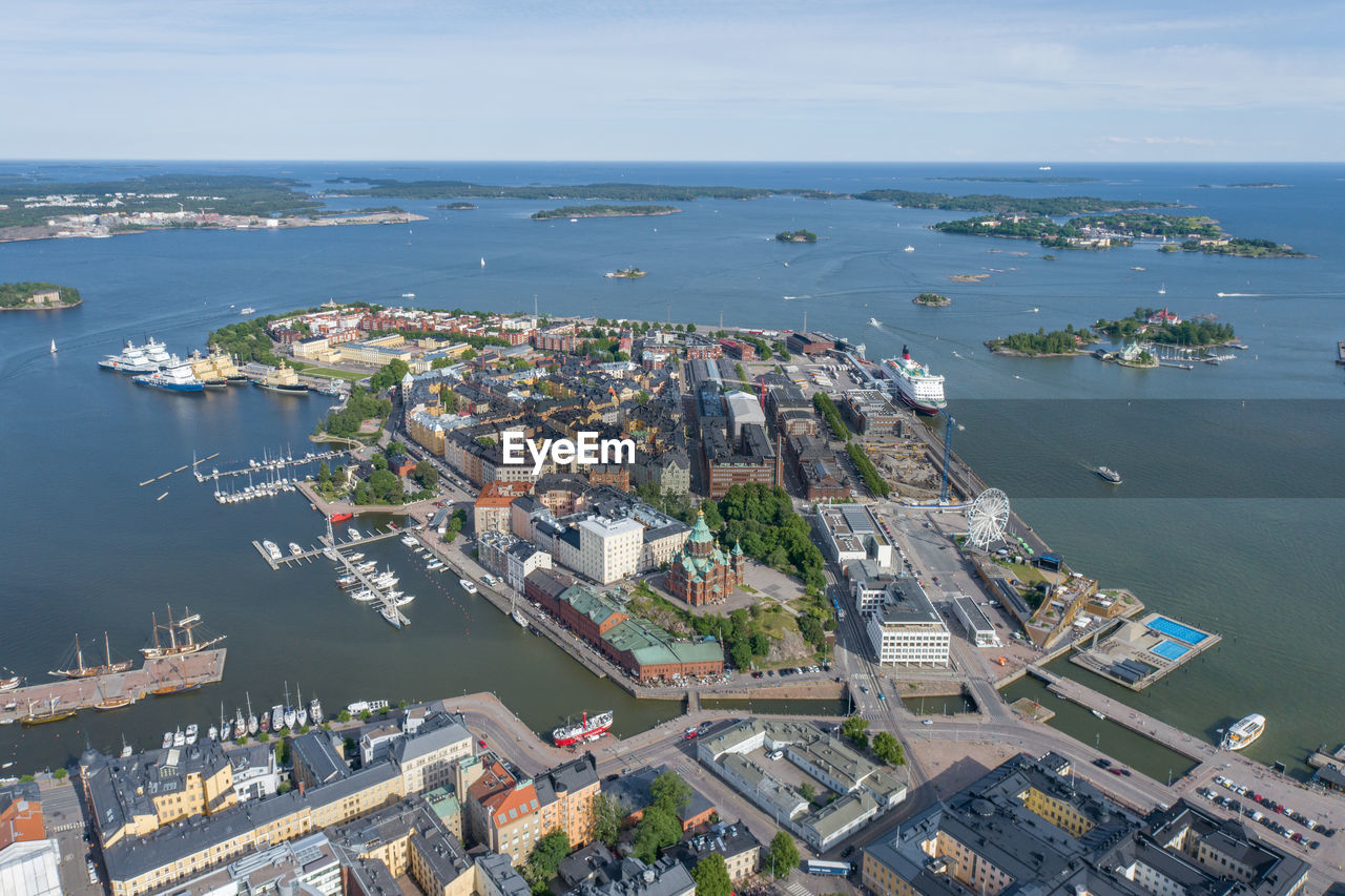 Katajanokka area in helsinki, finland. beautiful cityscape with harbour and sea in background.