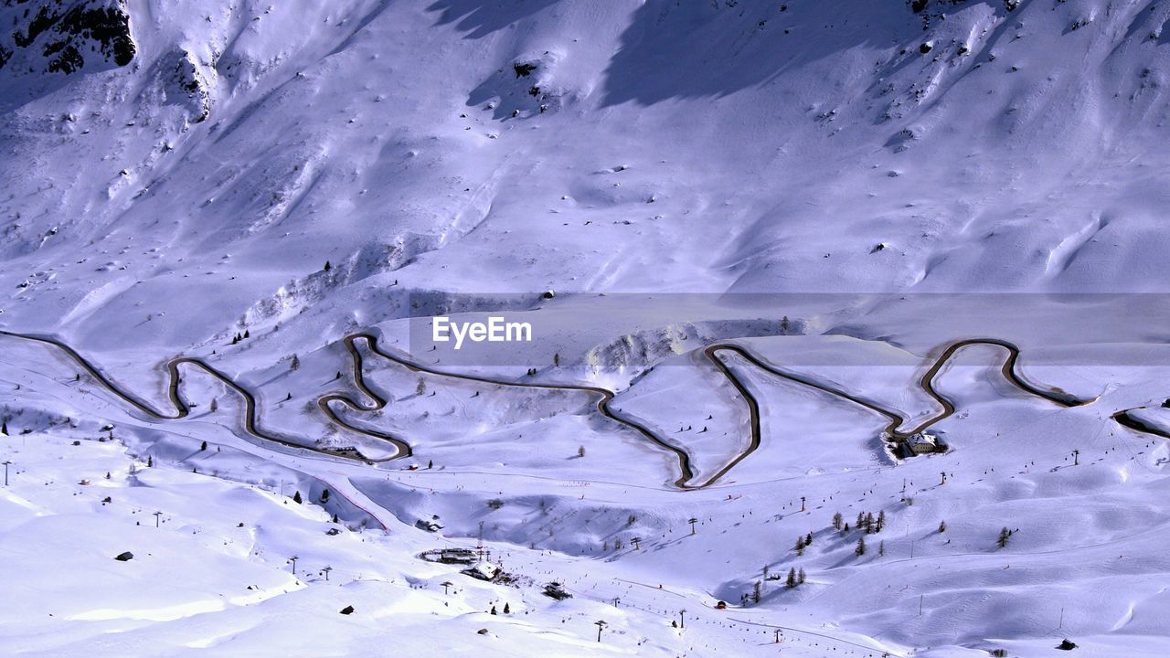High angle view of snow covered pordoi pass