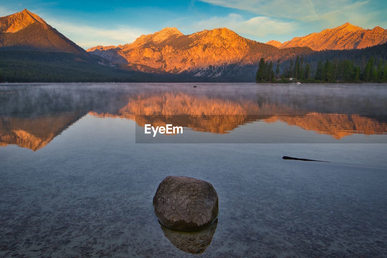 SCENIC VIEW OF LAKE AGAINST MOUNTAIN RANGE