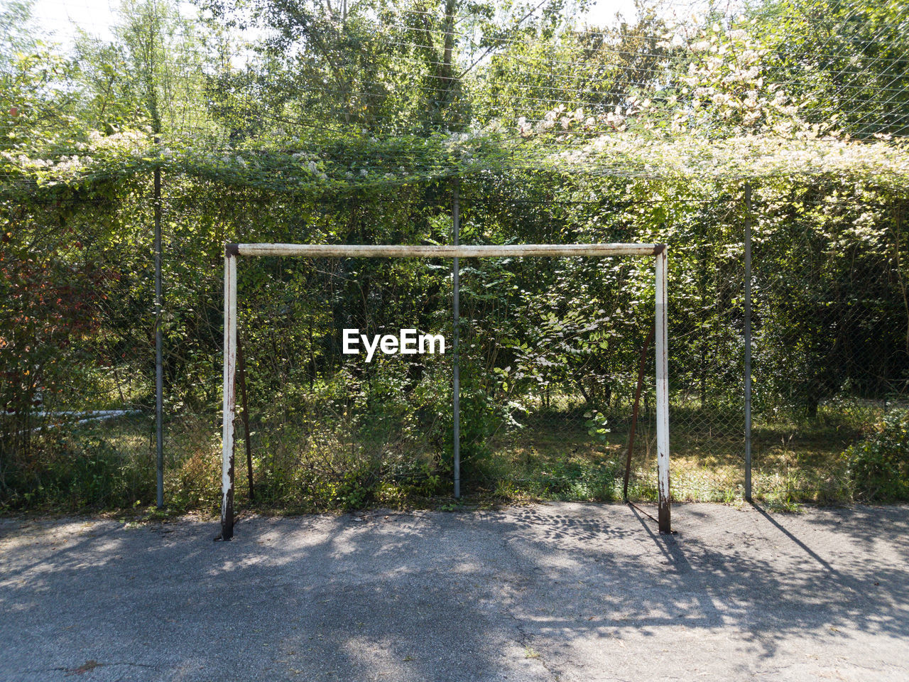 Goal post at empty soccer field against trees during sunny day