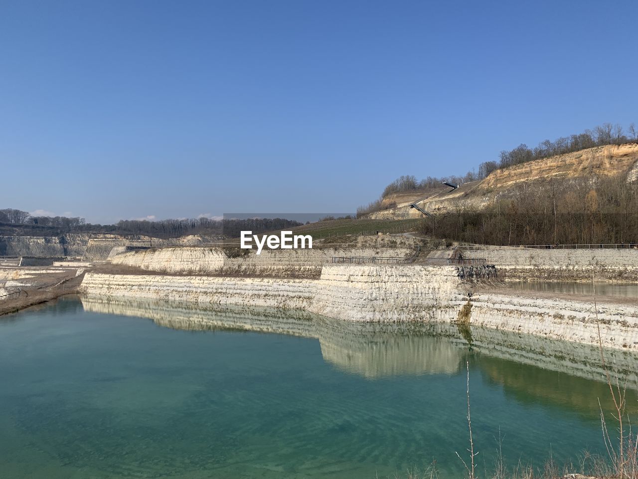 Scenic view of lake against clear blue sky