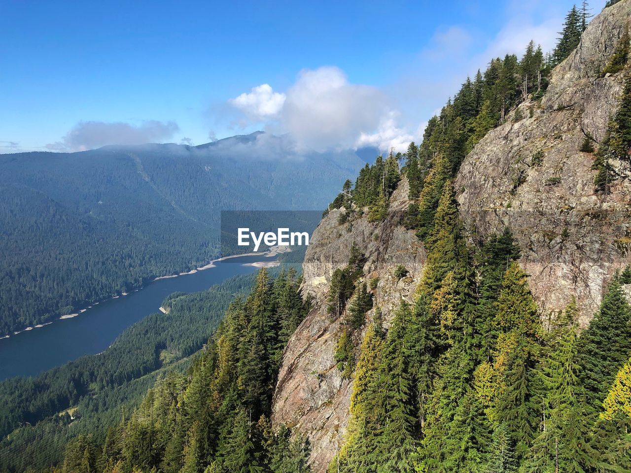 Panoramic view of trees and mountains against sky