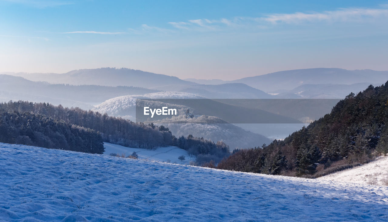 Scenic view of snow covered mountains against sky