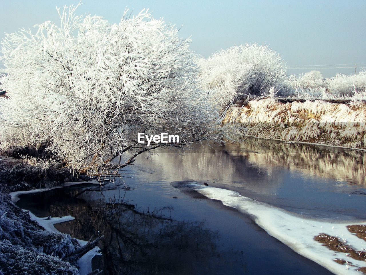 Scenic view of river against sky during winter