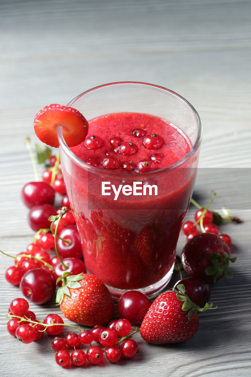 High angle view of fresh fruits smoothie