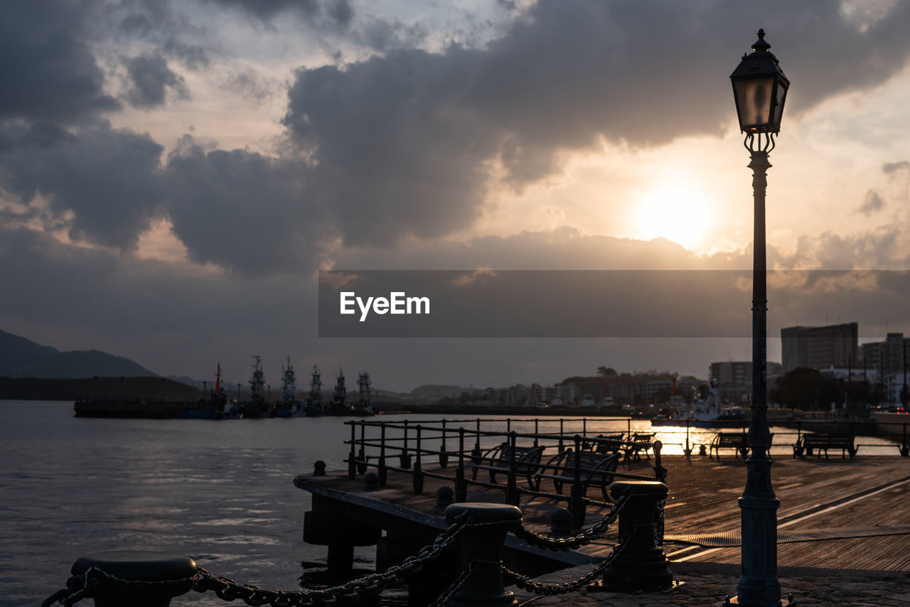 Harbor at waterfront during sunset