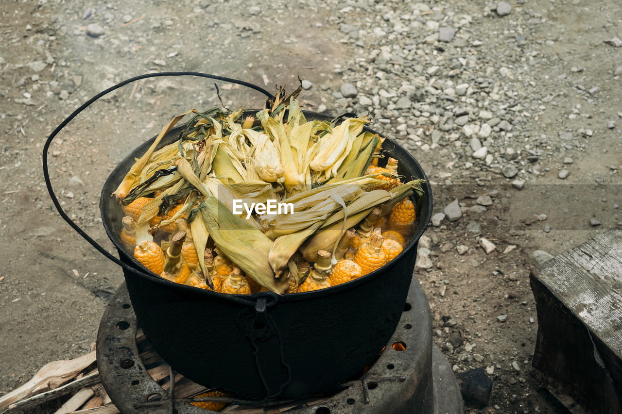 High angle view of corns in container cooking on stove