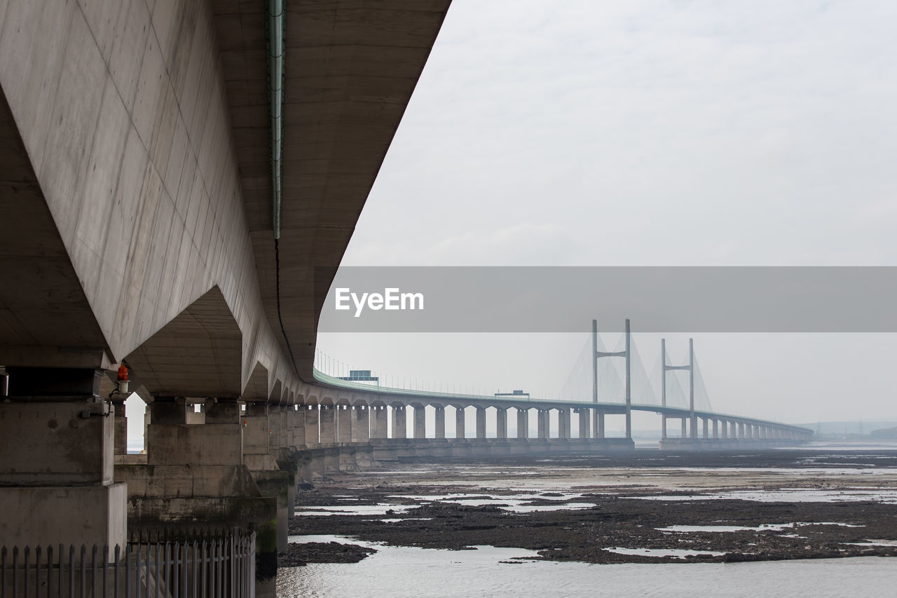 Bridge over sea against sky in city