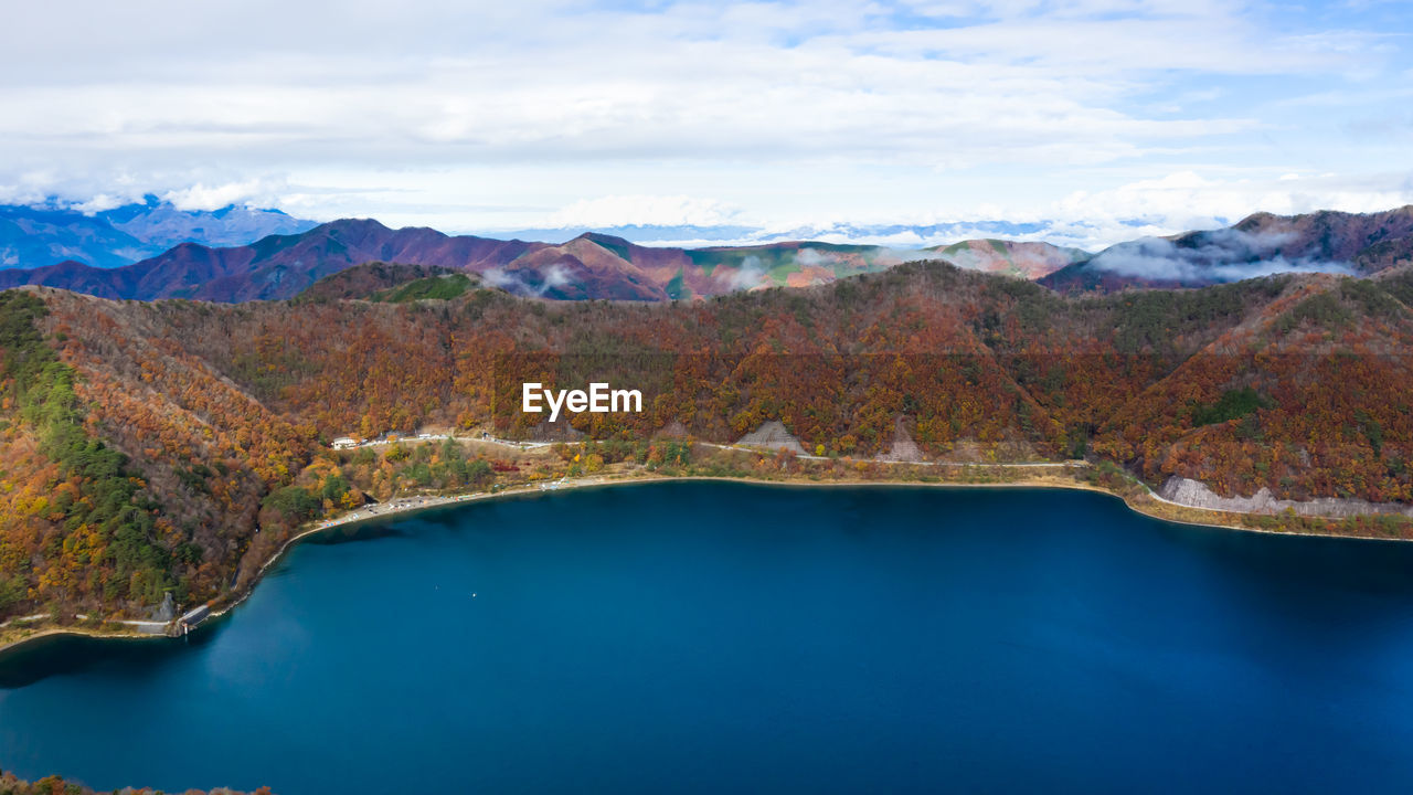 Nature landscape aerial view lake shojiko and mountain at autumn in japan