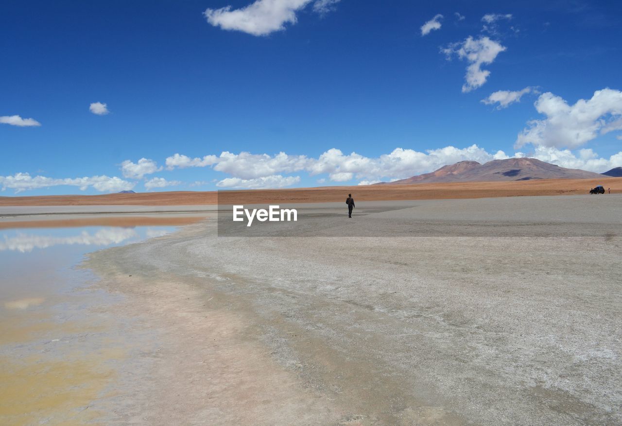 Rear view of man standing on landscape against sky