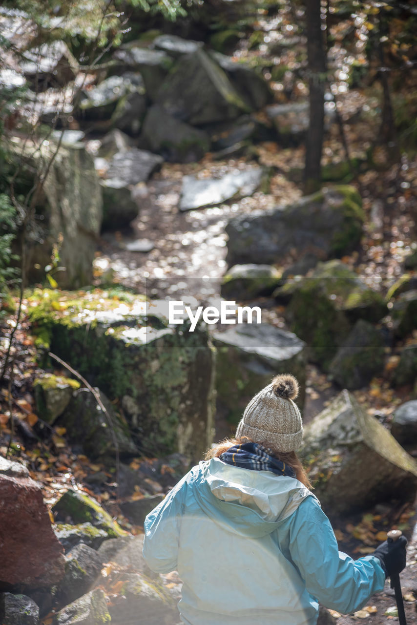 Rear view of mature woman hiking in forest