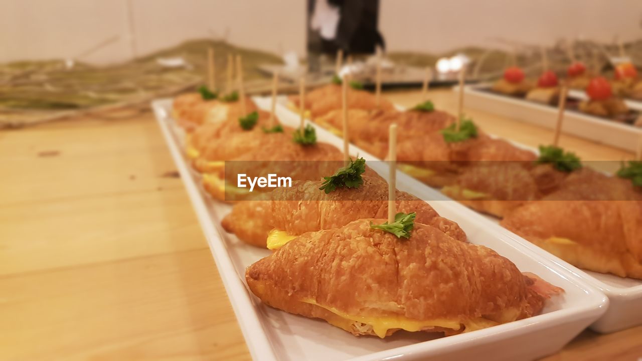 Close-up of food served in tray on table